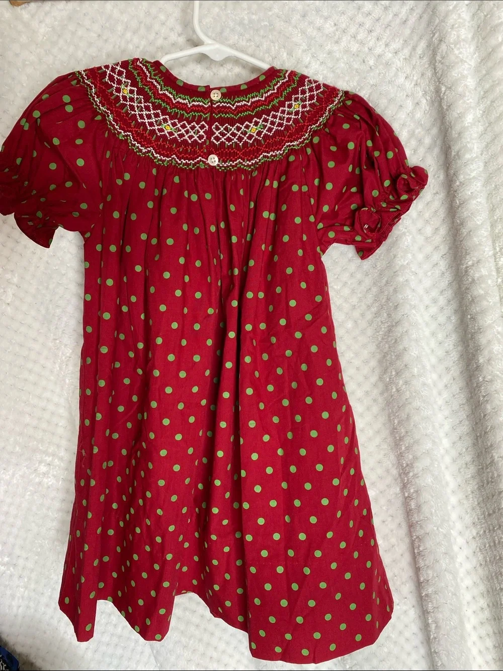 Rosalina Collections Smocked Red Dress with Green Polka Dots